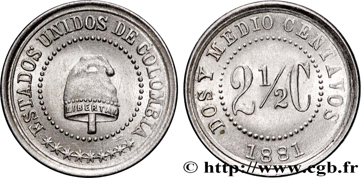 COLOMBIA 2 1/2 Centavos bonnet phrygien 1881 Heaton AU 