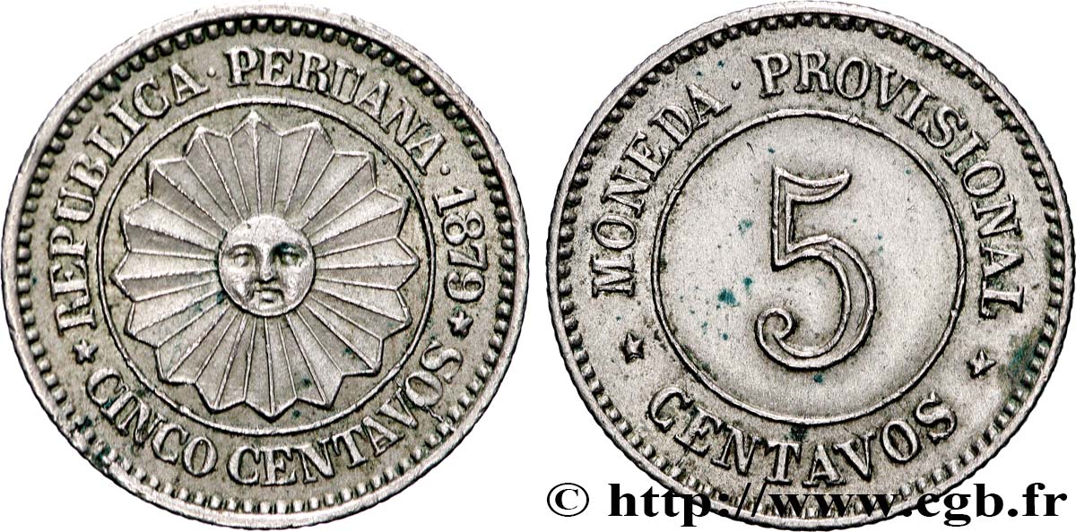 PERU 5 Centavos monnayage provisoire 1879  AU 