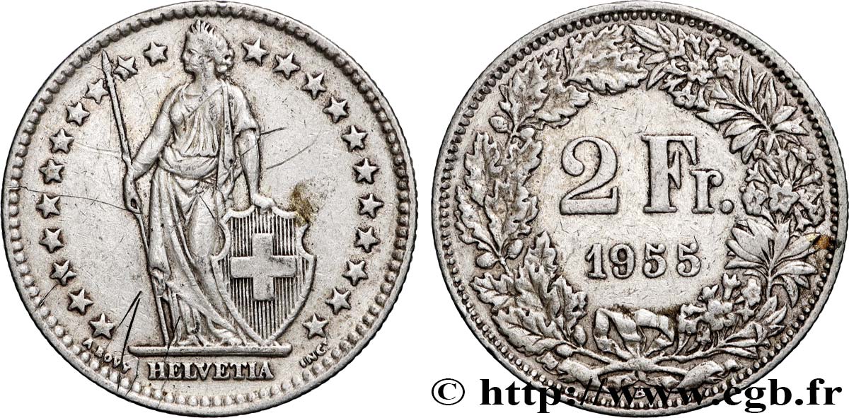SWITZERLAND 2 Francs Helvetia 1955 Berne XF 