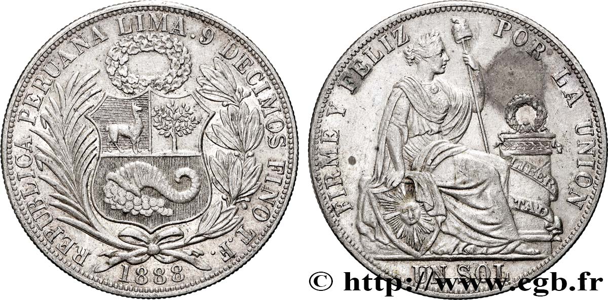 PERU 1 Sol Liberté assise 1888 Lima AU 