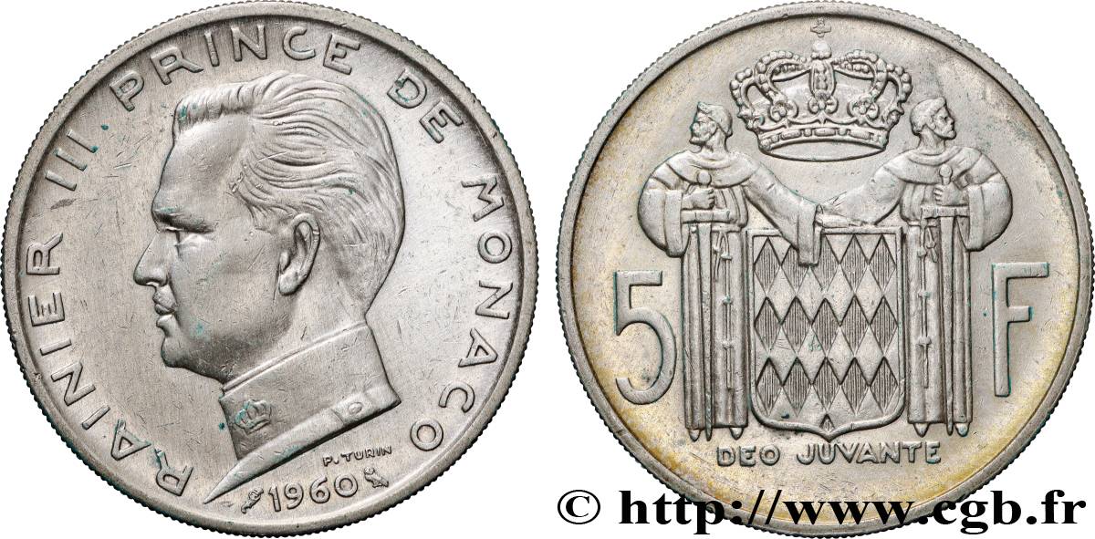 MONACO 5 Francs Prince Rainier III 1960 Paris AU 