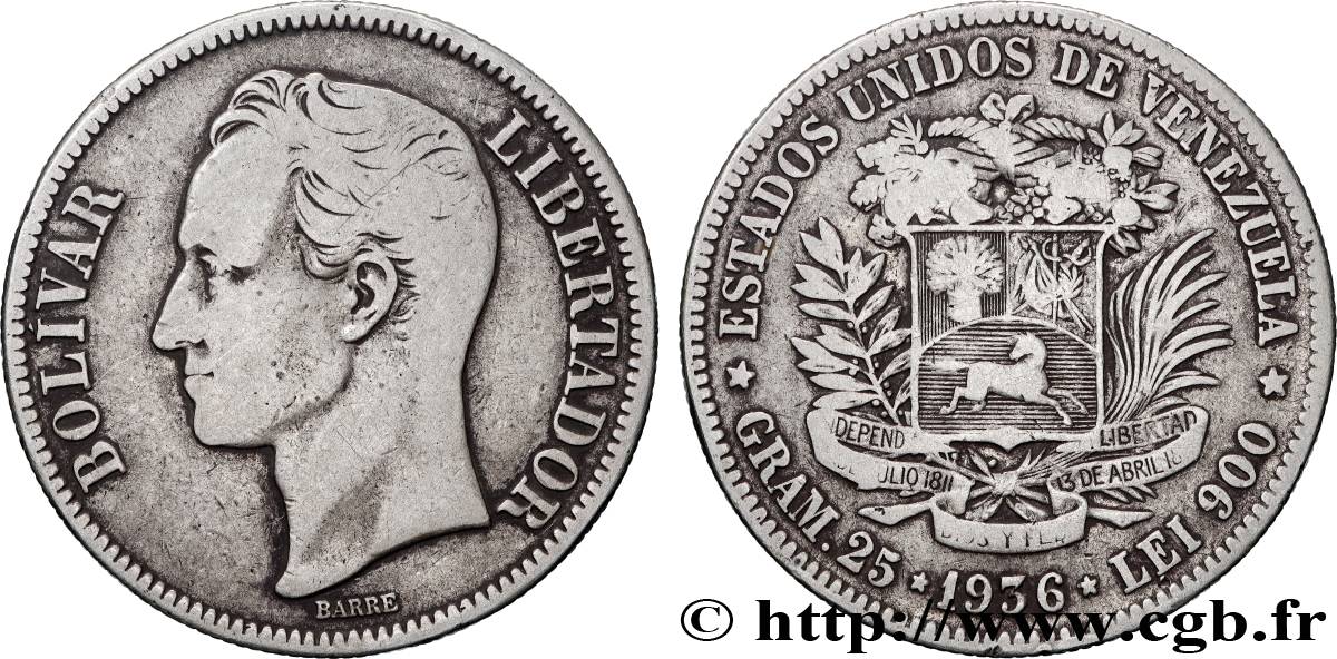 VENEZUELA 5 Bolivares Simon Bolivar 1936 Philadelphie VF 