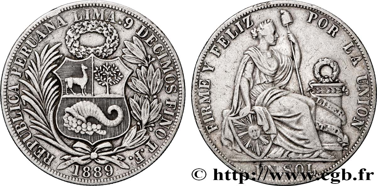PERU 1 Sol “Liberté” assise 1889 Lima VF 