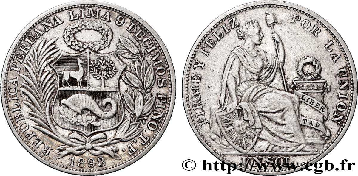 PERU 1 Sol “Liberté” assise 1893 Lima XF 