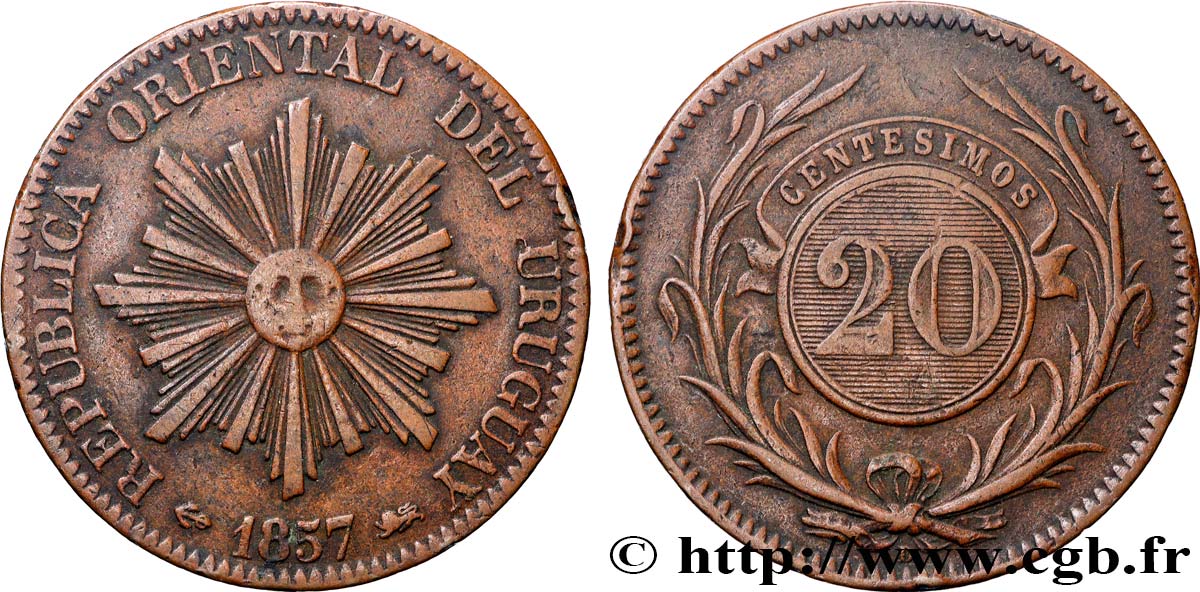 URUGUAY 20 Centesimos 1857 Lyon TB+ 