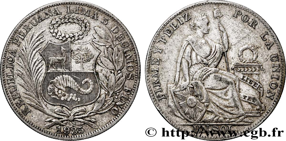 PERU 1 Sol “Liberté” assise 1935 Lima XF 