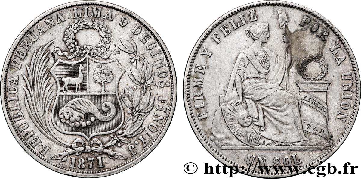 PERU 1 Sol “Liberté” 1871 Lima XF 