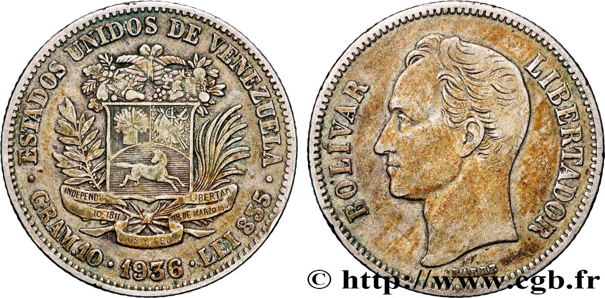 VENEZUELA 2 Bolivares Simon Bolivar 1936 Philadelphie TB+ 