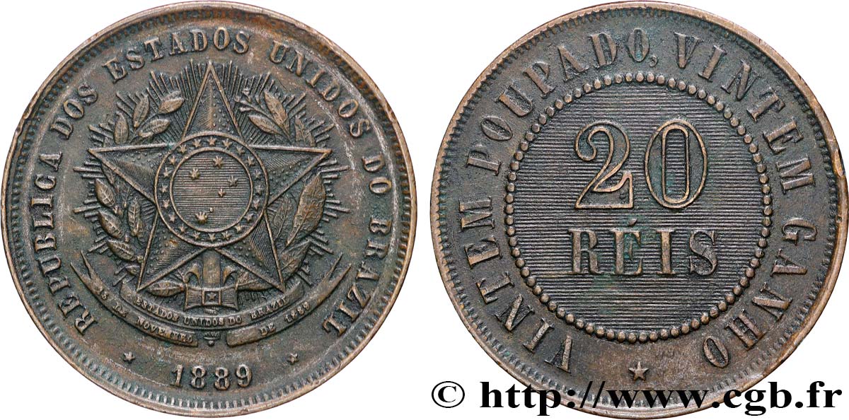 BRÉSIL 20 Reis 1889  TTB 
