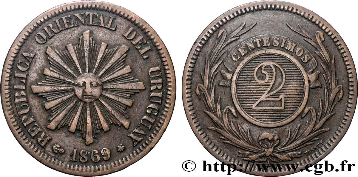 URUGUAY 2 Centesimos soleil 1869 Paris XF 