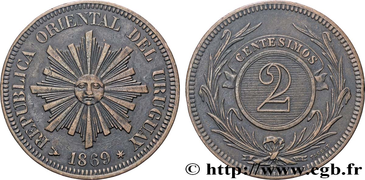 URUGUAY 2 Centesimos soleil 1869 Heaton AU 