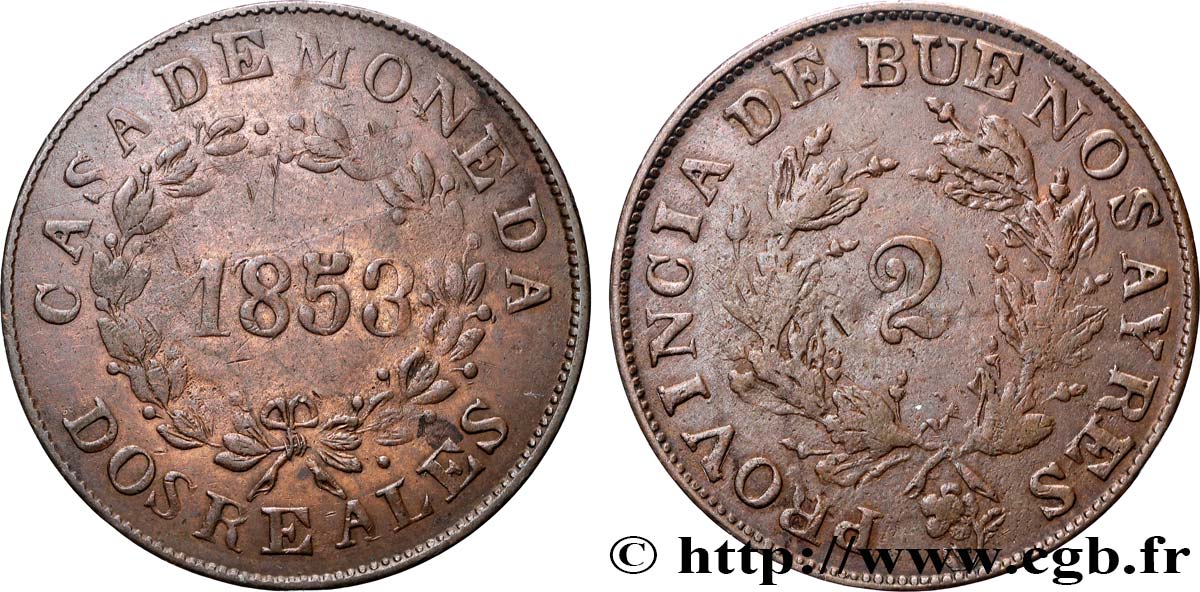 ARGENTINA 2 Reales Buenos Aires 1853  XF 