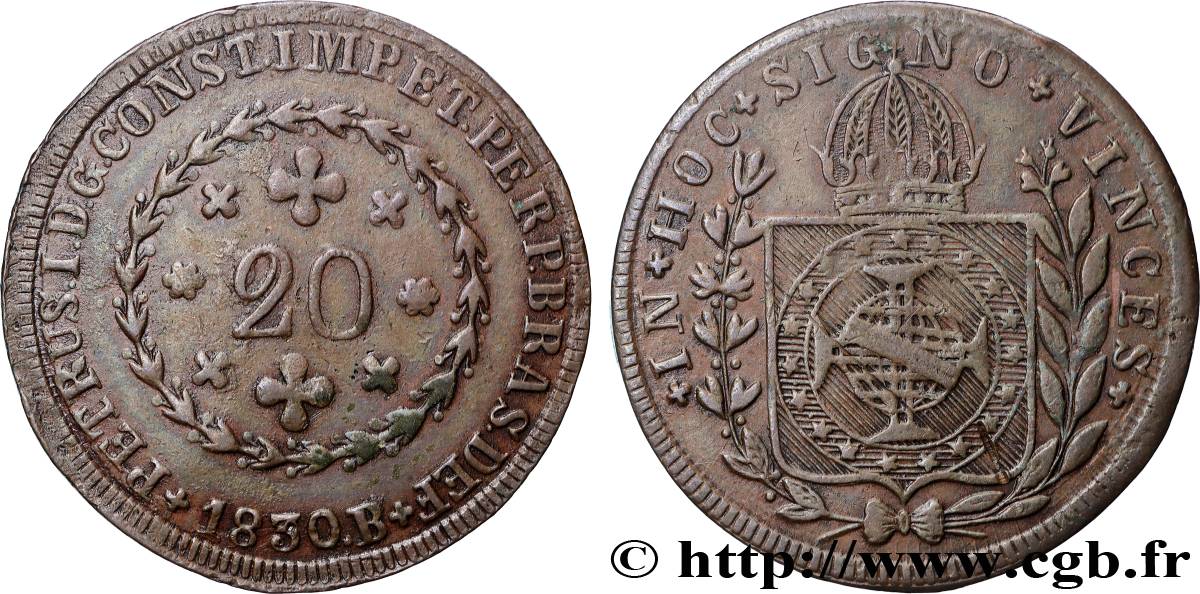 BRAZIL 20 Réis Pierre Ier du Brésil 1830 Bahia XF 