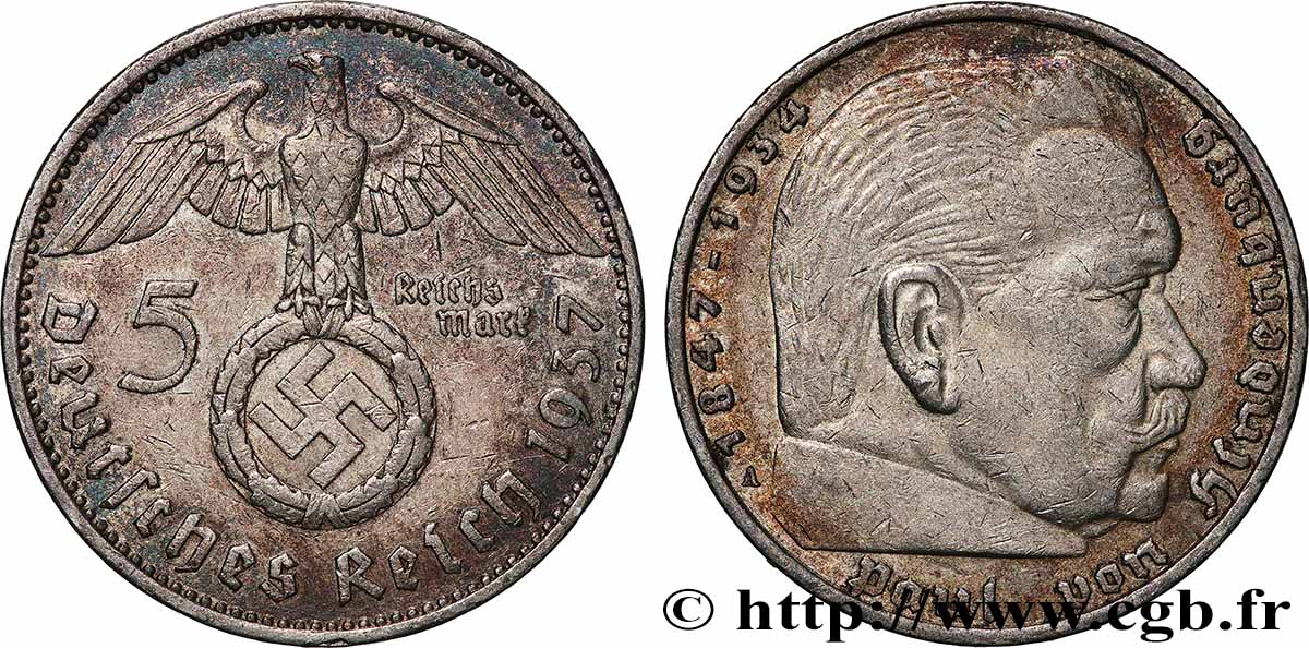 ALLEMAGNE 5 Reichsmark Maréchal Paul von Hindenburg 1937 Berlin TTB 