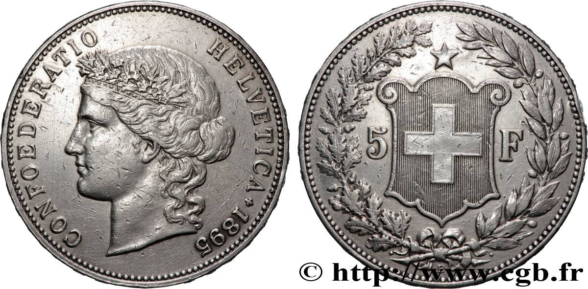 SUISSE - CONFÉDÉRATION HELVÉTIQUE 5 Francs Helvetia 1895 Berne TTB 