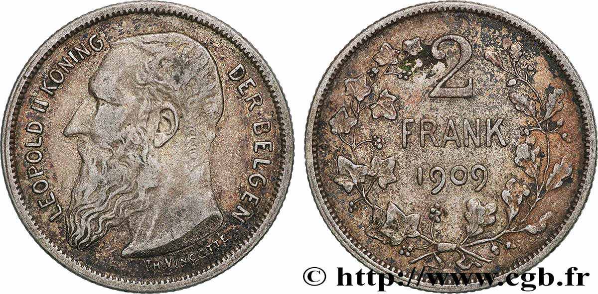 BELGIQUE 2 Frank (Francs) Léopold II légende flamande 1909 Bruxelles TTB 
