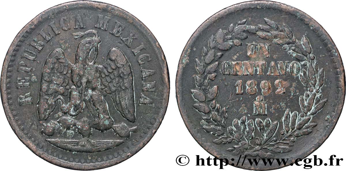 MEXICO 1 Centavo 1892 Mexico VF 