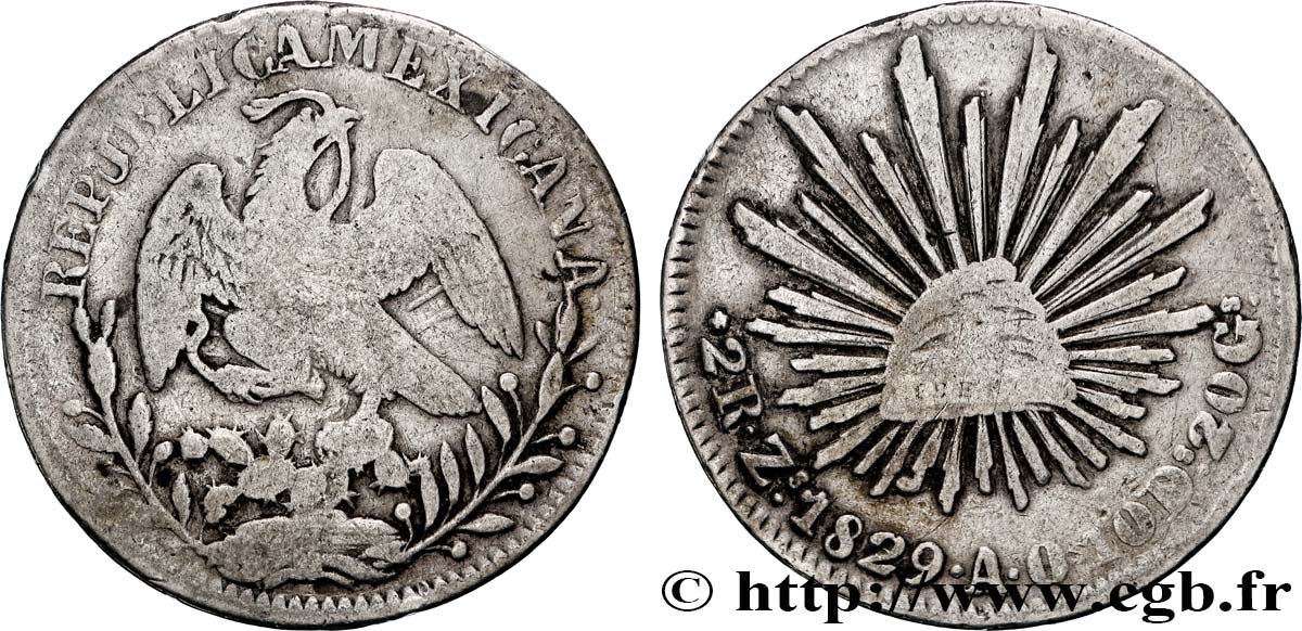 MEXICO 2 Reales aigle / bonnet phrygien 1829 Zacatecas VF 