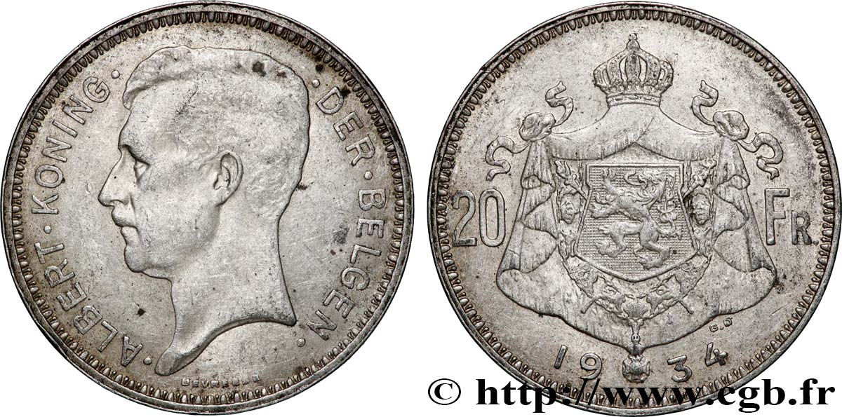 BELGIQUE 20 Francs Albert Ier légende Flamande 1934 Bruxelles TTB 