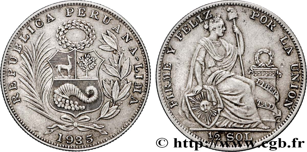 PÉROU 1/2 Sol “Liberté” 1935 Lima TTB 