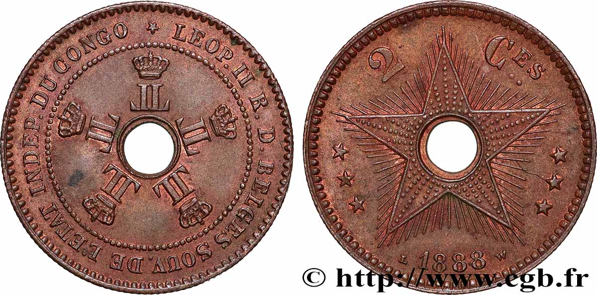 BELGIUM - CONGO FREE STATE 2 Centimes 1888 Bruxelles AU 