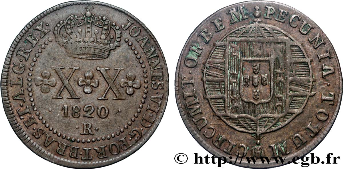 BRÉSIL - JEAN VI 20 Réis 1820 Rio de Janeiro AU 