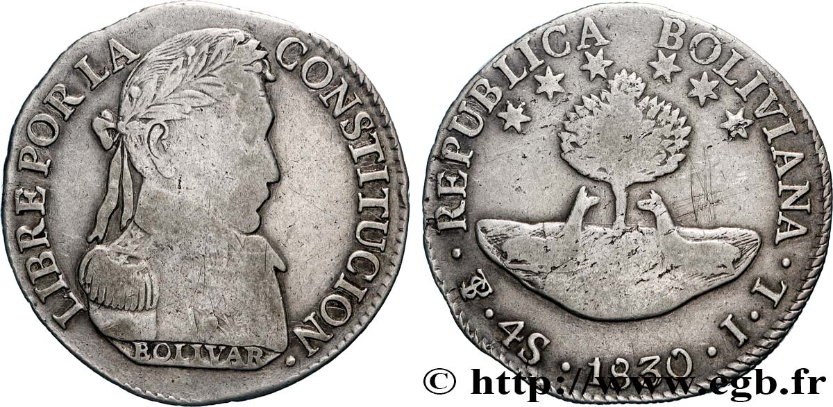 BOLIVIA 4 Soles Bolivar 1830 Potosi XF 