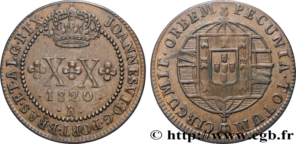 BRÉSIL - JEAN VI 20 Réis 1820 Rio de Janeiro TTB+ 