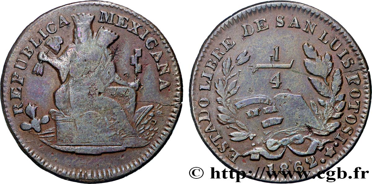 MEXIQUE 1/4 Real Estado Libre de San Luis Potosi / “Mexico Libre”, type LIBRE large 1862  TB+ 