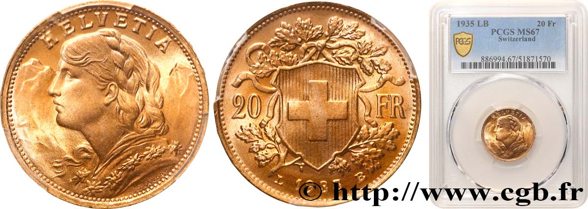 SUISSE 20 Francs or  Vreneli  1935 Berne FDC67 PCGS