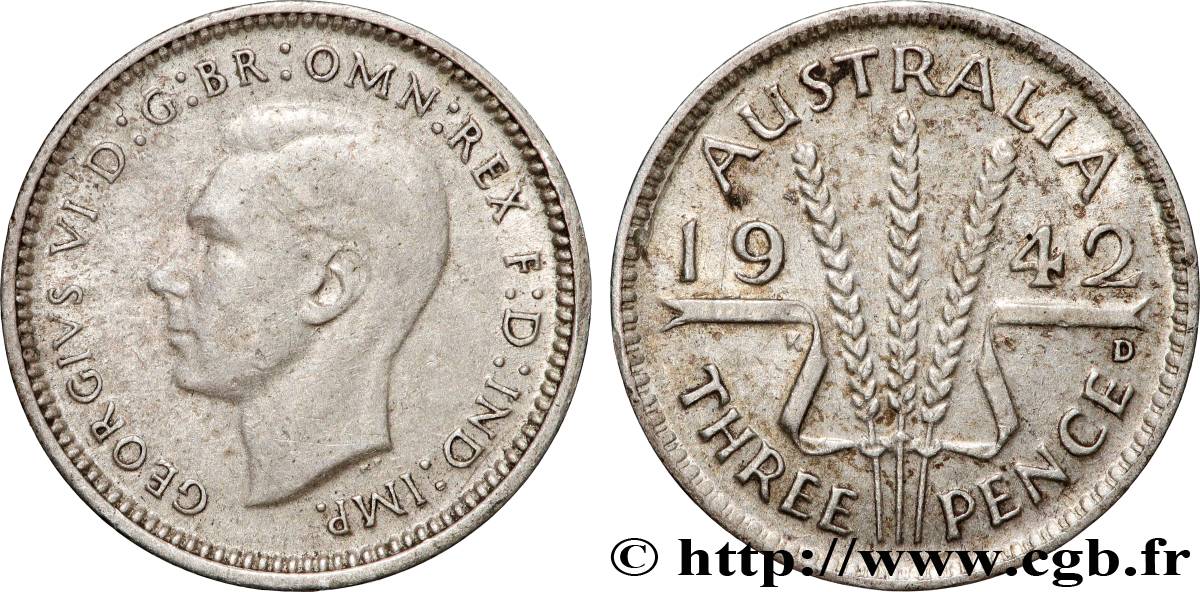 AUSTRALIE 3 Pence Georges VI 1942 Denver TB+ 