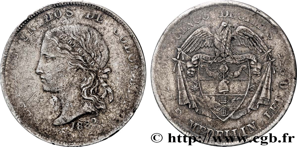COLOMBIE 5 Decimos 1882 Medellin TB+ 