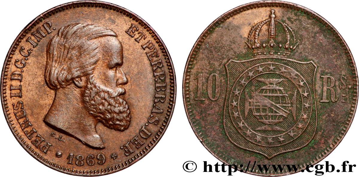 BRASIL 10 Réis Pierre II 1869 Bruxelles MBC+ 
