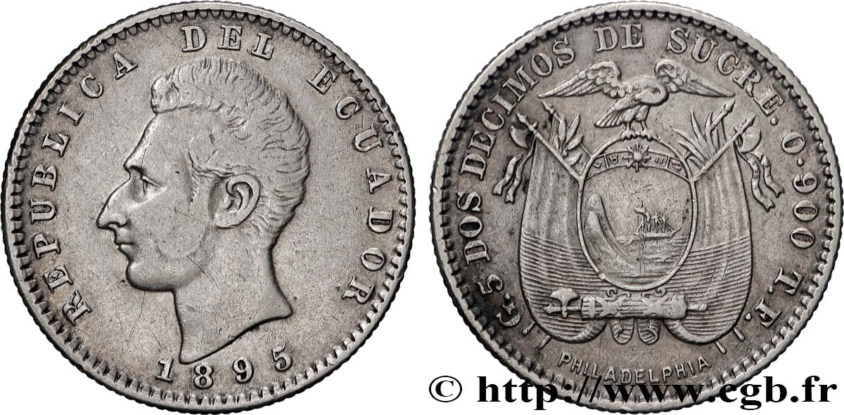 ECUADOR 2 Decimos Antonio Jose de Sucre 1895 Philadelphie XF 