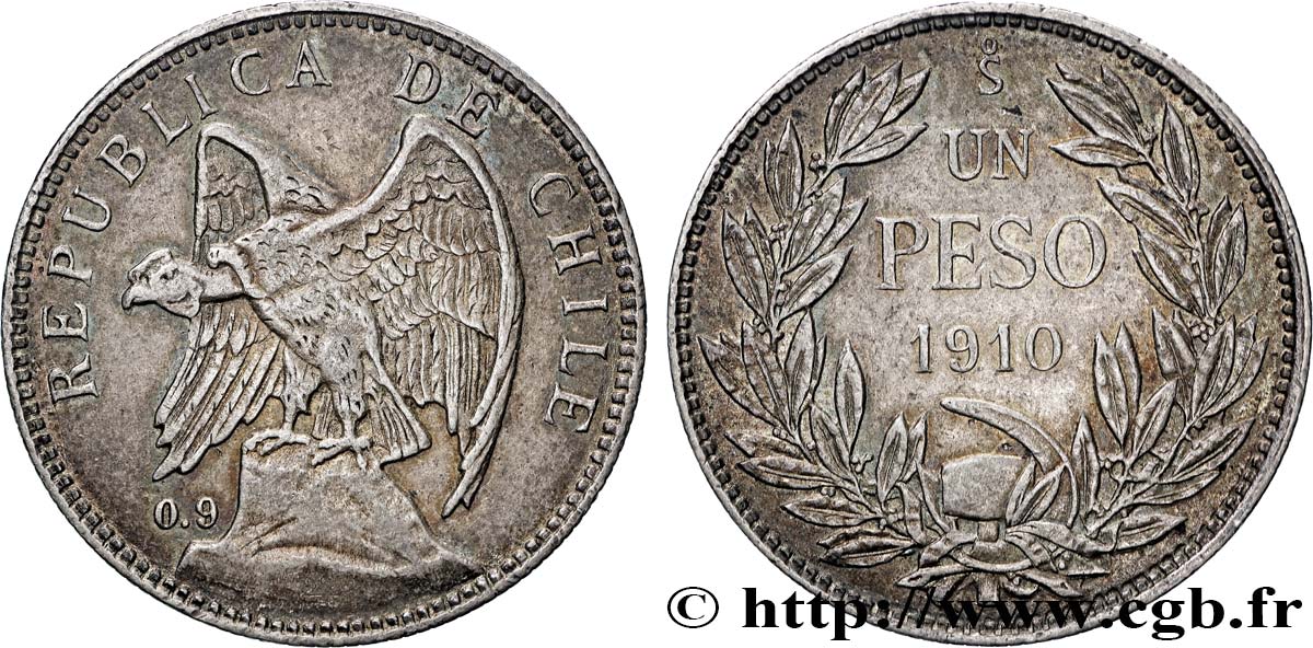CHILE 1 Peso condor 1910 Santiago XF 