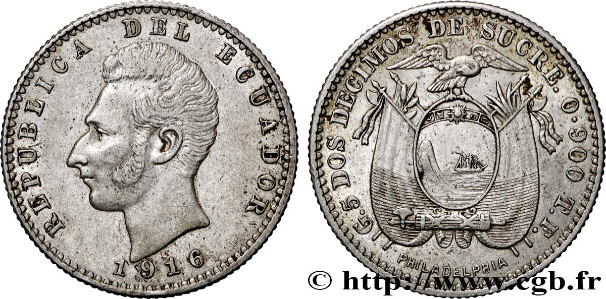 ECUADOR 2 Decimos de Sucre Antonio Jose de Sucre 1916 Philadelphie AU 