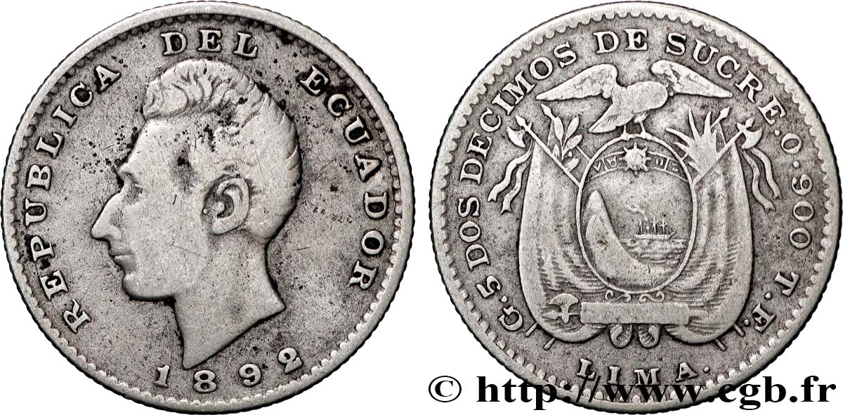 ÉQUATEUR 2 Decimos Antonio Jose de Sucre 1892 Lima TB 