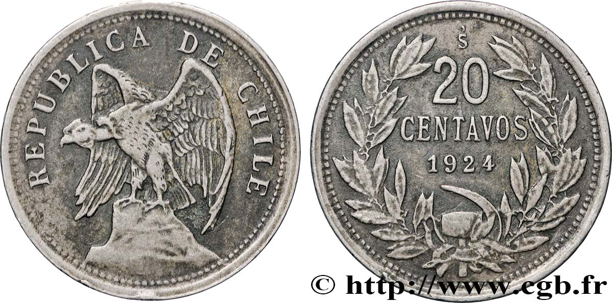 CHILE 20 Centavos Condor 1924 Santiago - S° XF 