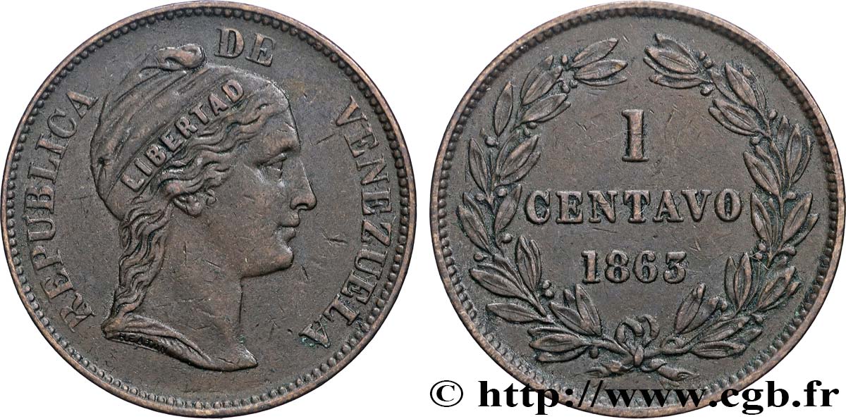 VENEZUELA 1 Centavo 1863 Heaton AU 
