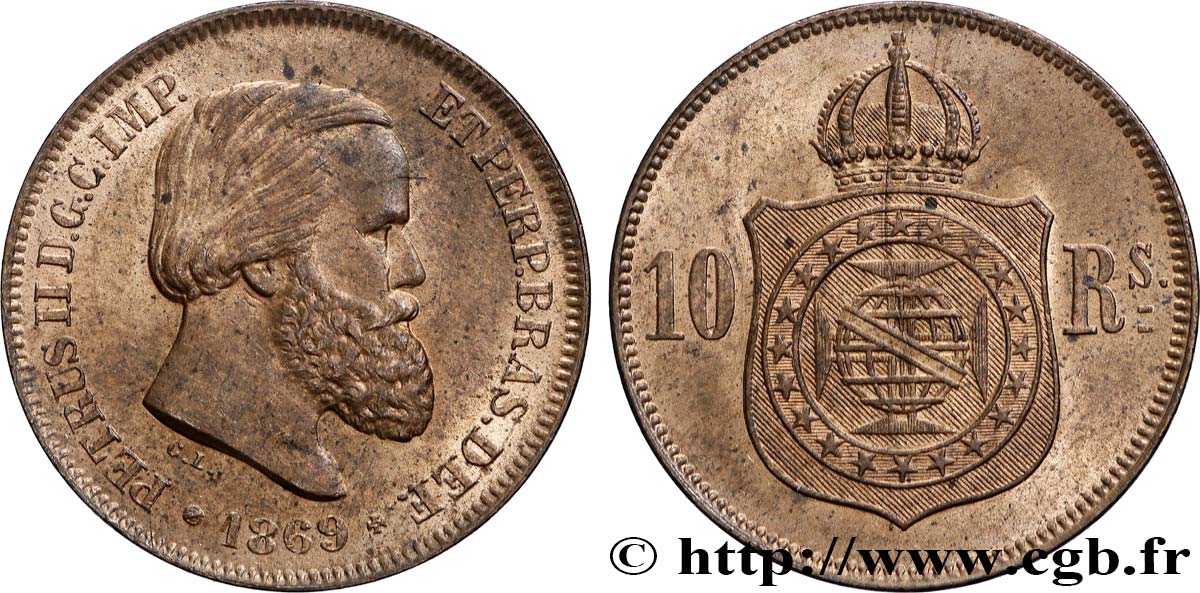 BRAZIL 10 Réis Pierre II 1869 Bruxelles AU 