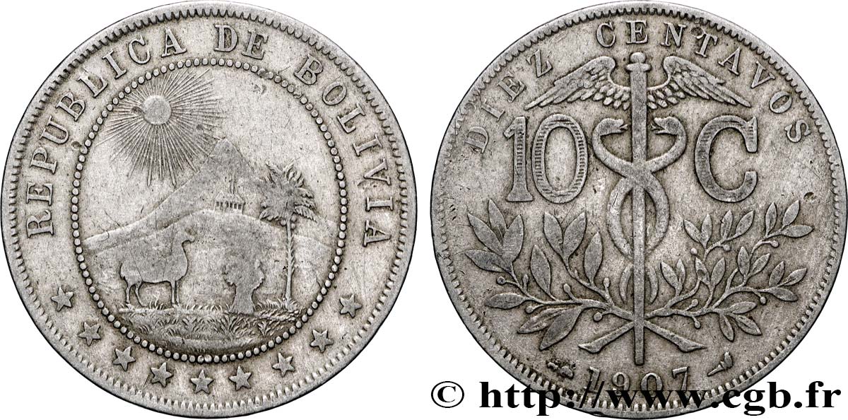 BOLIVIA 10 Centavos 1907  VF 