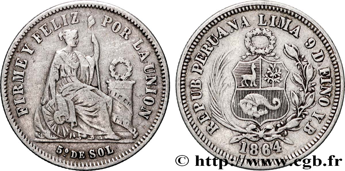PÉROU 1/5 Sol “Liberté” assise 1864 Lima TB+ 