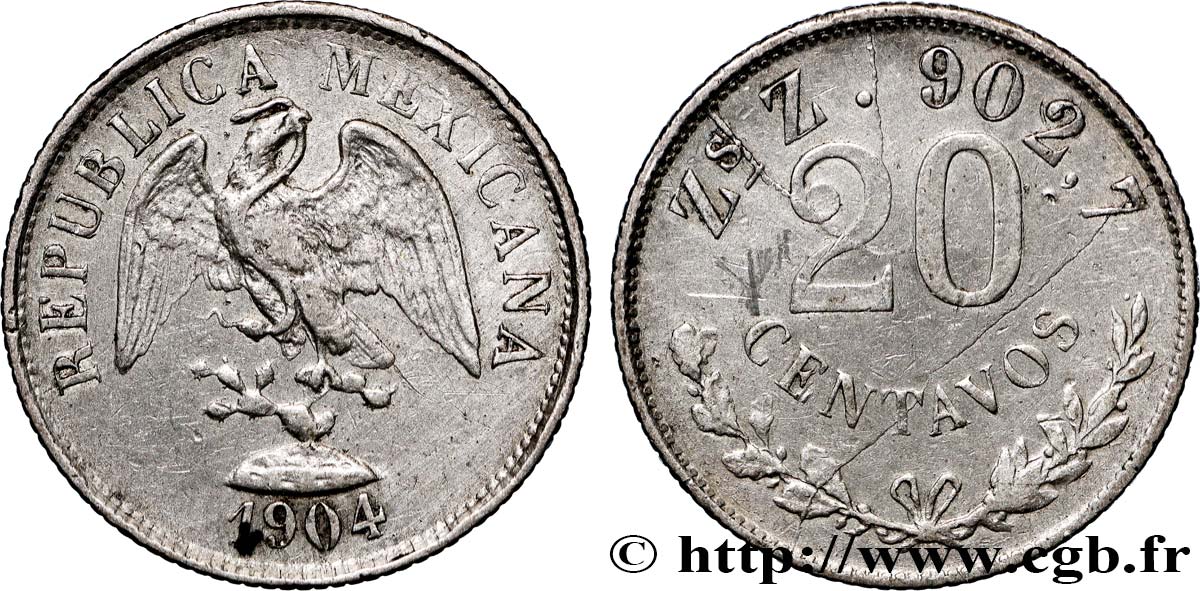 MEXIKO 20 Centavos 1904 Zacatecas fVZ 