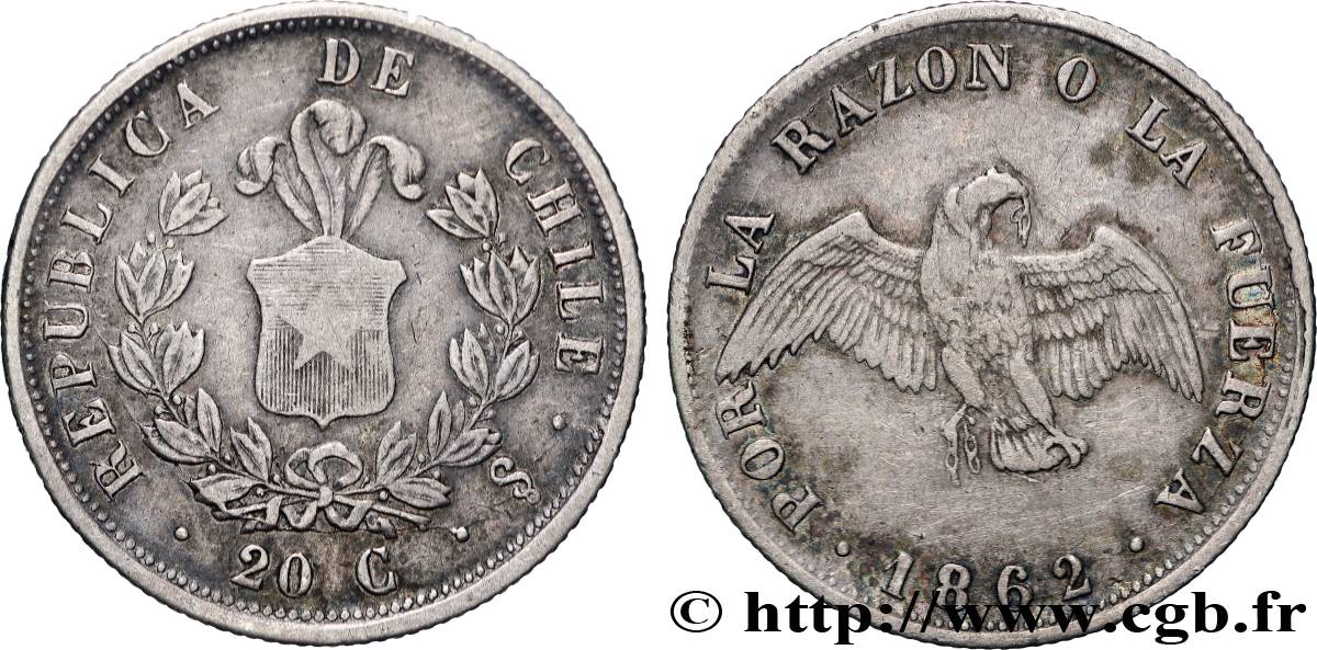 CHILE 20 Centavos 1862 Santiago VF 
