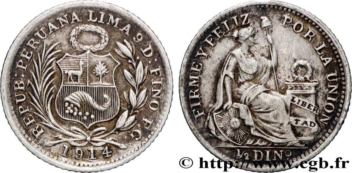 PERU 1/2 Dinero “Liberté” 1914 Lima AU 