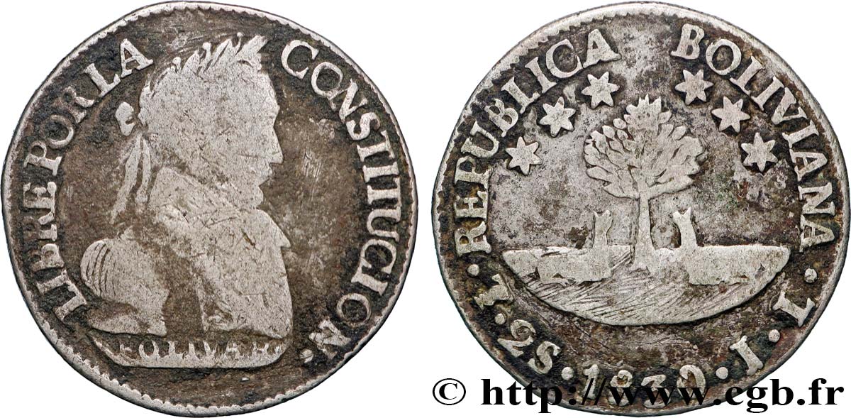 BOLIVIA 2 Soles Simon Bolivar 1830 Potosi VF 