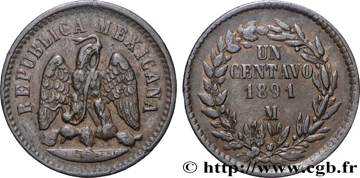 MEXICO 1 Centavo 1891 Mexico XF 