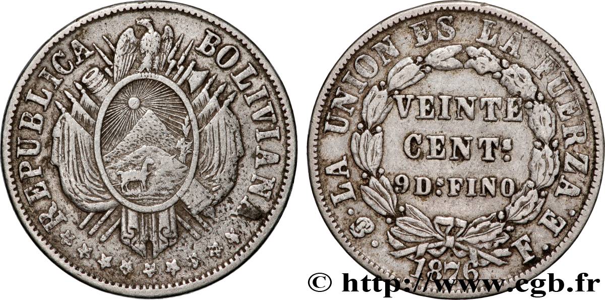 BOLIVIE 20 Centavos 1876 Potosi TTB 
