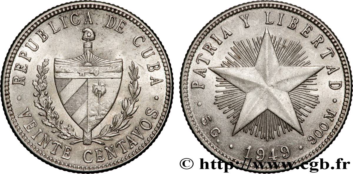CUBA 20 Centavos 1949 Philadelphie AU 