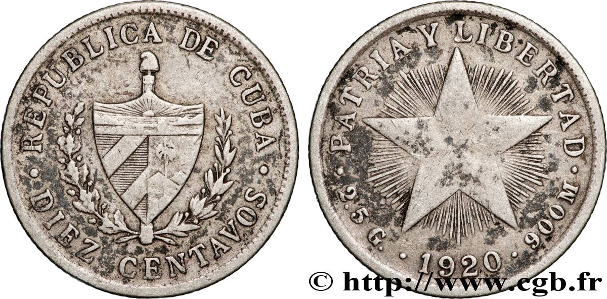 CUBA 10 Centavos emblème 1920 Philadelphie TTB 